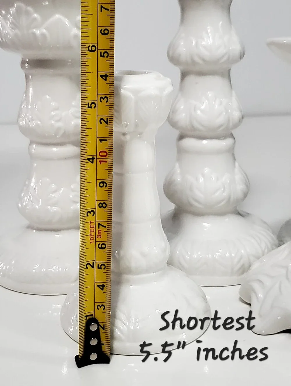 5 Pc Set White Various Design Ceramic Taper Candle Holders Varying Sizes